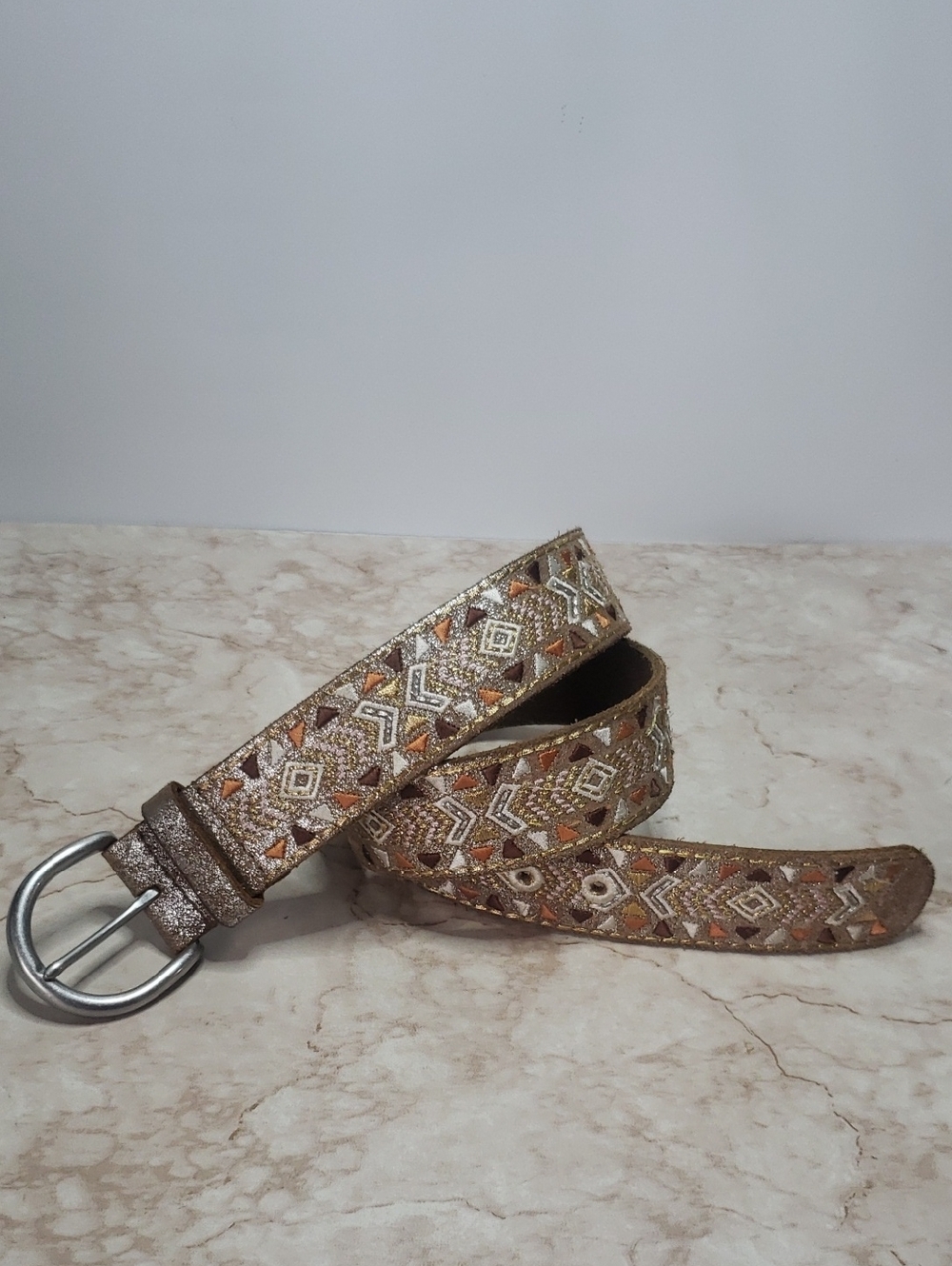 Womens Metallic Embroidered Aztec Pattern Belt - Bronze